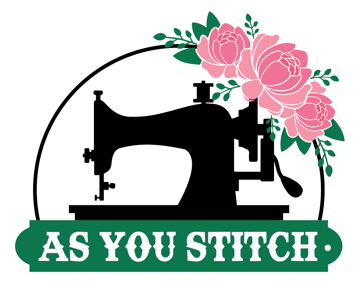 Quilting machine logo with pink flowers and green leaves